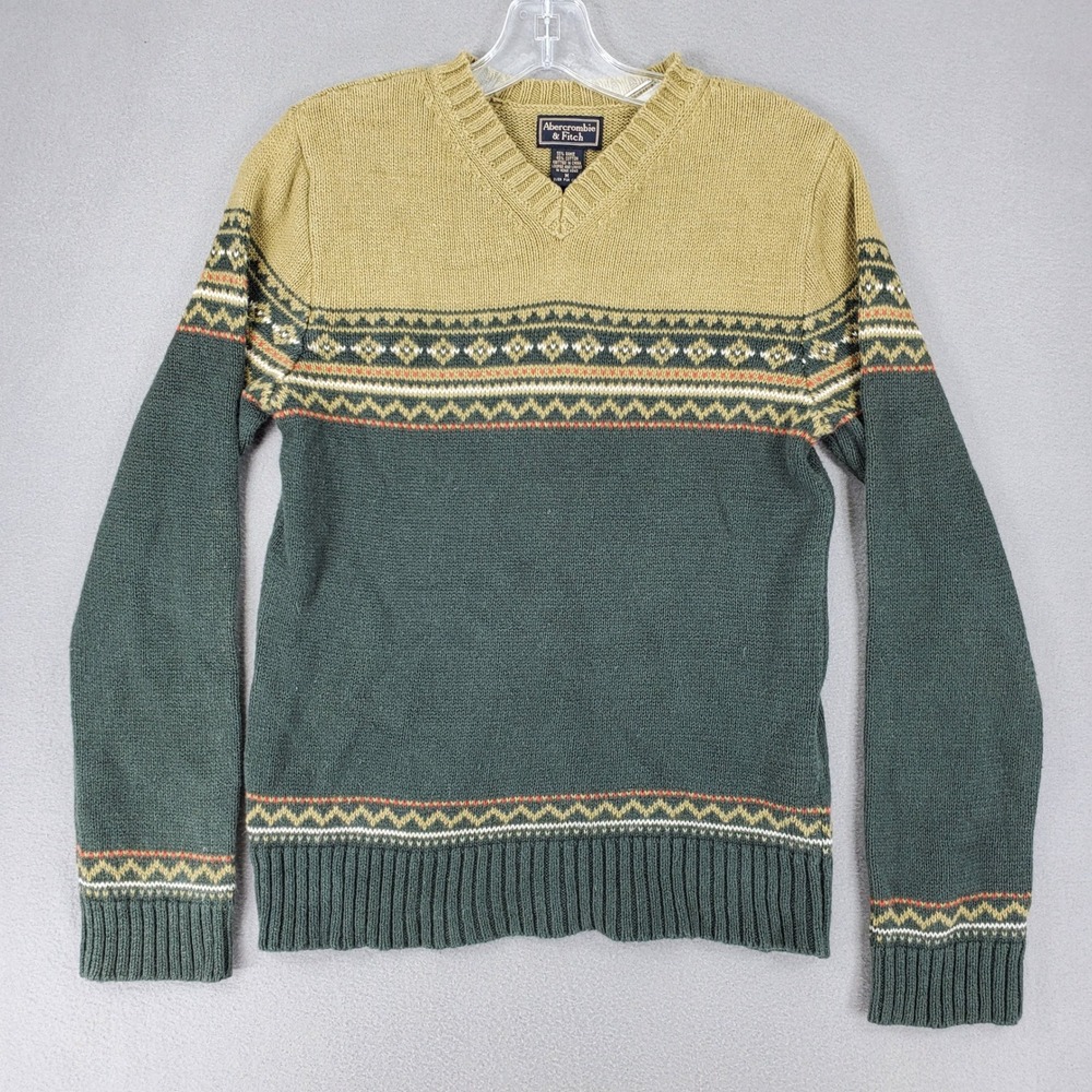 Abercrombie & Fitch Sweater Women M Green Tan Vintage 90s Fair Isle V-Neck Y2K